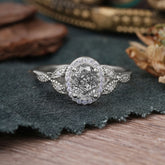 1 Carat Oval Cut Black Rutilated Quartz Halo Ring Anniversary Bead Edge Unique Leaf Ring